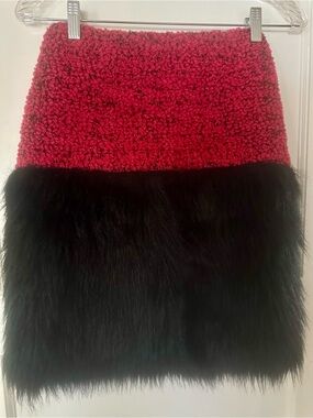 CHANEL Boutique Label Red Pink  Velvet Tweed Black Faux Fur Skirt 1994